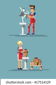 Flat vector illustration of stylish young woman working on a pottery. Man carves a sculpture. Ceramist skill. Pottery and sculptor courses. Creative hobby pottery and sculptor. 