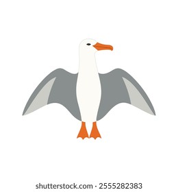 Flat vector illustration of a stylized albatross with white-gray body, orange beak, and wide wings, minimalistic design, cartoonish style, plain white background