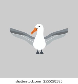 Flat vector illustration of a stylized albatross with white-gray body, orange beak, and wide wings, minimalistic design, cartoonish style, plain white background