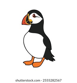 Flat vector illustration of a stylized Atlantic puffin with black body, orange beak, and white belly, minimalistic design, plain white background