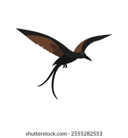 Flat vector illustration of a stylized black kite with brown-black body, forked tail, and sharp beak, minimalistic design, plain white background