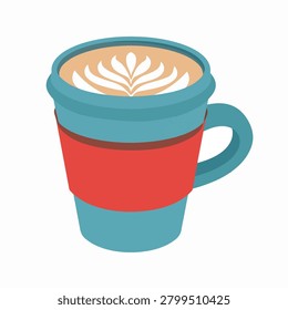 A flat vector illustration of a stylized blue coffee mug featuring a red protective sleeve and intricate white latte art foam design on top