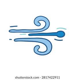 A flat vector illustration of a stylized blue wind symbol with flowing lines and a circular tip representing breeze or gusty weather.