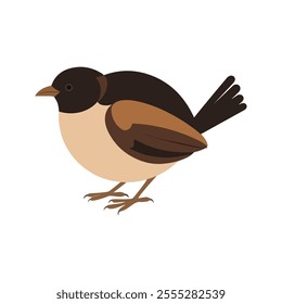 Flat vector illustration of a stylized bulbul with brown body, short curved beak, and medium tail, minimalistic design, plain white background