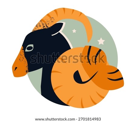 Flat vector illustration of a stylized Capricorn goat featuring large curled horn, minimalist design, and subtle cosmic star elements.