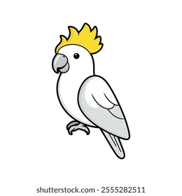 Flat vector illustration of a stylized cockatoo with white body, yellow crest, and light gray beak, minimalistic design, cartoonish style, plain white background