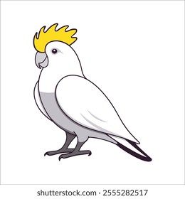 Flat vector illustration of a stylized cockatoo with white body, yellow crest, and light gray beak, minimalistic design, cartoonish style, plain white background