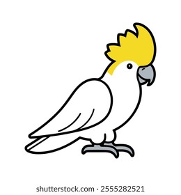 Flat vector illustration of a stylized cockatoo with white body, yellow crest, and light gray beak, minimalistic design, cartoonish style, plain white background