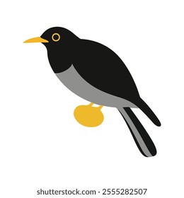 Flat vector illustration of a stylized common blackbird with black body, yellow-orange beak, and wide wings, minimalistic design, plain white background