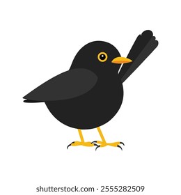 Flat vector illustration of a stylized common blackbird with black body, yellow-orange beak, and wide wings, minimalistic design, plain white background