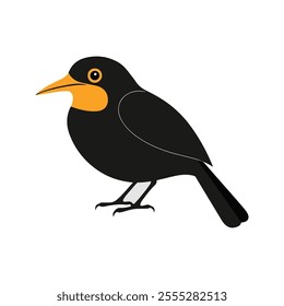 Flat vector illustration of a stylized common blackbird with black body, yellow-orange beak, and wide wings, minimalistic design, plain white background