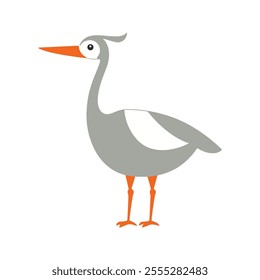 Flat vector illustration of a stylized crane with gray body, orange beak, and slender neck, minimalistic design, cartoonish style, plain white background