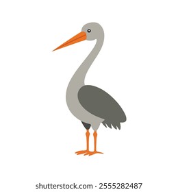 Flat vector illustration of a stylized crane with gray body, orange beak, and slender neck, minimalistic design, cartoonish style, plain white background