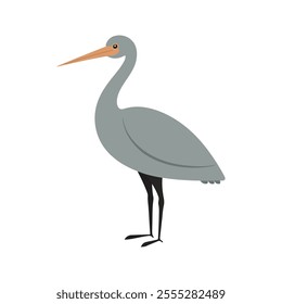 Flat vector illustration of a stylized crane with gray body, orange beak, and slender neck, minimalistic design, cartoonish style, plain white background