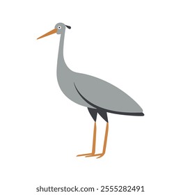 Flat vector illustration of a stylized crane with gray body, orange beak, and slender neck, minimalistic design, cartoonish style, plain white background