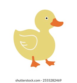 Flat vector illustration of a stylized duck with yellow body, orange beak, and small feet, minimalistic design, cartoonish style, plain white background