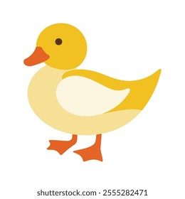 Flat vector illustration of a stylized duck with yellow body, orange beak, and small feet, minimalistic design, cartoonish style, plain white background