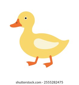 Flat vector illustration of a stylized duck with yellow body, orange beak, and small feet, minimalistic design, cartoonish style, plain white background