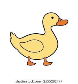 Flat vector illustration of a stylized duck with yellow body, orange beak, and small feet, minimalistic design, cartoonish style, plain white background