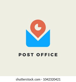 Flat vector illustration of stylized envelope, navigation point and clock. Minimalist flat logo for delivery service or post office.  