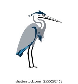 Flat vector illustration of a stylized heron with gray-blue body, long pointed beak, and tall slender legs, minimalistic design, plain white background