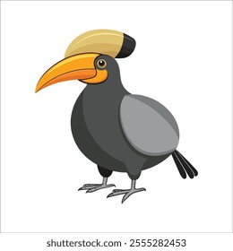 Flat vector illustration of a stylized hornbill with yellow-orange beak and dark gray body, minimalistic, cartoonish style, plain white background