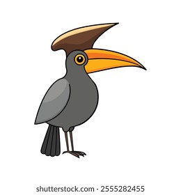 Flat vector illustration of a stylized hornbill with yellow-orange beak and dark gray body, minimalistic, cartoonish style, plain white background