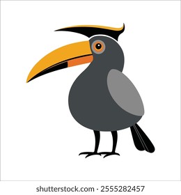 Flat vector illustration of a stylized hornbill with yellow-orange beak and dark gray body, minimalistic, cartoonish style, plain white background