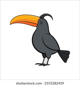 Flat vector illustration of a stylized hornbill with yellow-orange beak and dark gray body, minimalistic, cartoonish style, plain white background