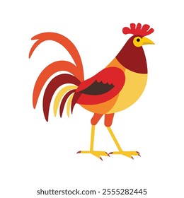 Flat vector illustration of a stylized jungle fowl with red-orange body, yellow beak, and long tail feathers, minimalistic design, plain white background