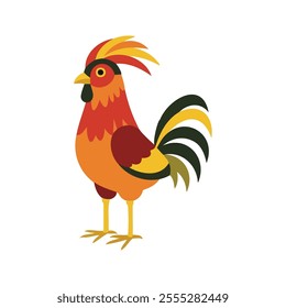 Flat vector illustration of a stylized jungle fowl with red-orange body, yellow beak, and long tail feathers, minimalistic design, plain white background