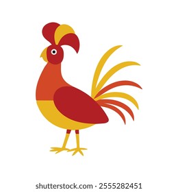 Flat vector illustration of a stylized jungle fowl with red-orange body, yellow beak, and long tail feathers, minimalistic design, plain white background