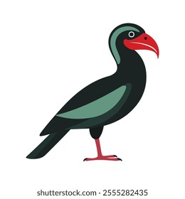 Flat vector illustration of a stylized koel with black body, red beak, and long wings, minimalistic design, cartoonish style, plain white background