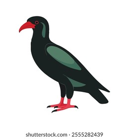 Flat vector illustration of a stylized koel with black body, red beak, and long wings, minimalistic design, cartoonish style, plain white background