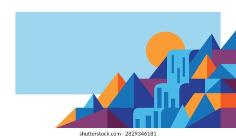 A flat vector illustration of a stylized mountain landscape with a waterfall and a bright sun, featuring geometric shapes and a vibrant color palette.