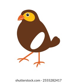 Flat vector illustration of a stylized myna bird with brown body, yellow eye patch, and orange beak, minimalistic design, cartoonish style, plain white background