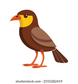 Flat vector illustration of a stylized myna bird with brown body, yellow eye patch, and orange beak, minimalistic design, cartoonish style, plain white background