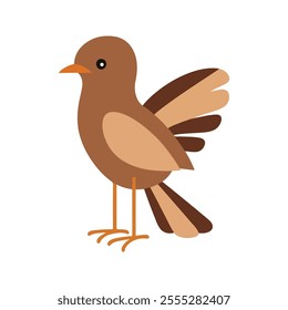 Flat vector illustration of a stylized nightingale with brown body, orange beak, and small wings, minimalistic design, cartoonish style, plain white background