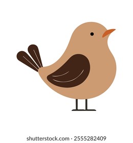 Flat vector illustration of a stylized nightingale with brown body, orange beak, and small wings, minimalistic design, cartoonish style, plain white background