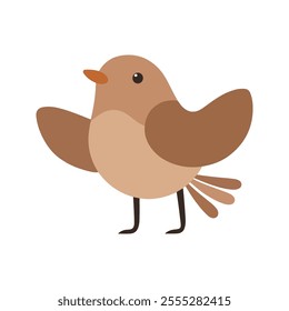 Flat vector illustration of a stylized nightingale with brown body, orange beak, and small wings, minimalistic design, cartoonish style, plain white background