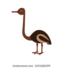 Flat vector illustration of a stylized ostrich with brown body, long neck, and strong legs, minimalistic design, plain white background