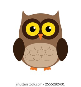 Flat vector illustration of a stylized owl with brown body, yellow eyes, and orange beak, minimalistic cartoon design, plain white background