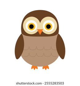 Flat vector illustration of a stylized owl with brown body, yellow eyes, and orange beak, minimalistic cartoon design, plain white background