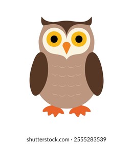 Flat vector illustration of a stylized owl with brown body, yellow eyes, and orange beak, minimalistic cartoon design, plain white background