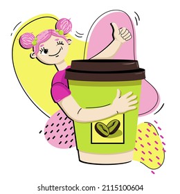 Flat vector illustration of a stylized  pink haired smiling girl showing thumbs up and hugging a disposable cup of coffee with abstract yellow and pink shapes background. 