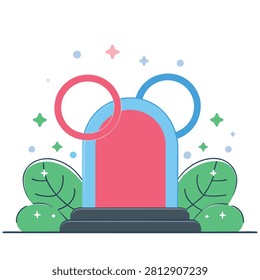 A flat vector illustration of a stylized pink and blue arched portal or doorway surrounded by green leaves and decorative floating stars.