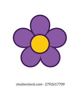 A flat vector illustration of a stylized purple five petaled flower with a bright yellow center isolated on a white background