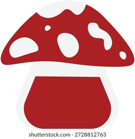 Flat vector illustration of a stylized red mushroom with white spots. This minimalist icon features a bold red cap with organic white dots and a thick red stem outlined in light gray.