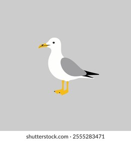 Flat vector illustration of a stylized seagull with white body, yellow beak, and gray wings, minimalistic design, cartoonish style, plain white background