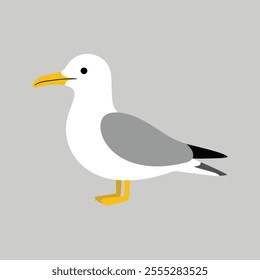 Flat vector illustration of a stylized seagull with white body, yellow beak, and gray wings, minimalistic design, cartoonish style, plain white background